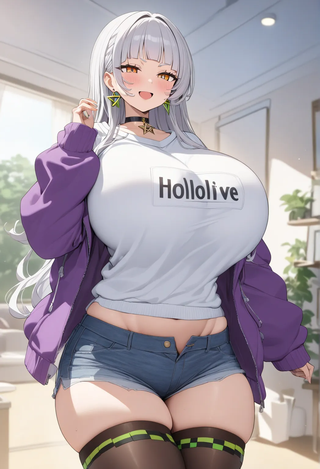 ( lips , 8K, Masterpiece),　 chica、 young、idol、1 person 、 murasaki shion , 、 hololive ,silver hair  , big breasts , smile、 Like the sky 、  red cheeks  、 Tanimachi emphasis  、 A rich variety of skin tones   , (   sweatshirt,  ultra short denim shorts  , thig...