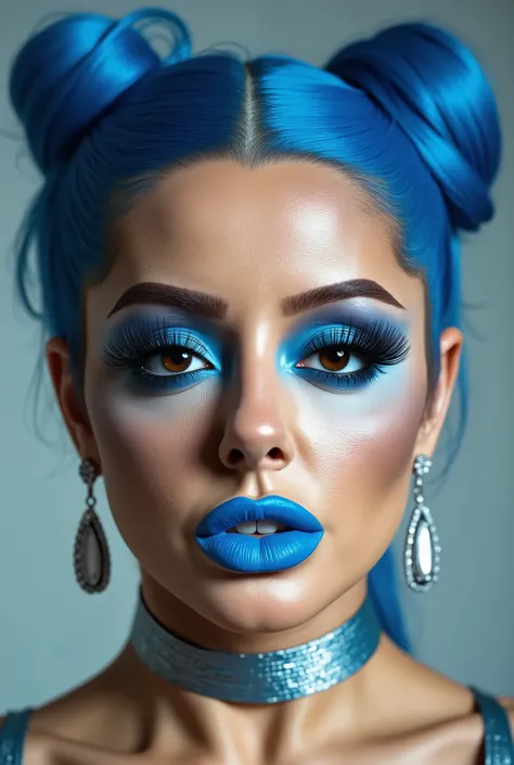 incredibly long and voluminous eyelash extensions, bright blue makeup, blue hair , diamond earrings , collar, blue lips, lips shaped as if about to kiss, bow-shaped hair ,