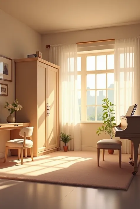 A beige bedroom with wardrobe bed work table and a piano