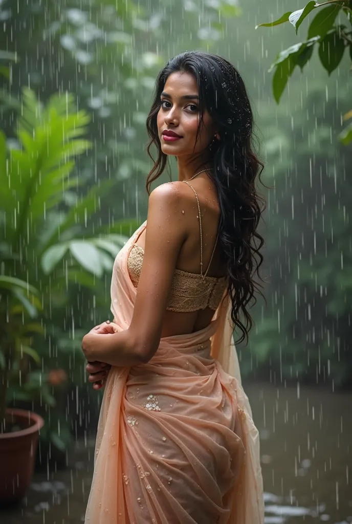 Full body portrait of Beautiful and sensual Indian  housewife about 27 years in a sheer saree with sleeveless blouse getting drenched in rain. She has perfect body curves and is enjoying the rain. She’s directly looking into camera 