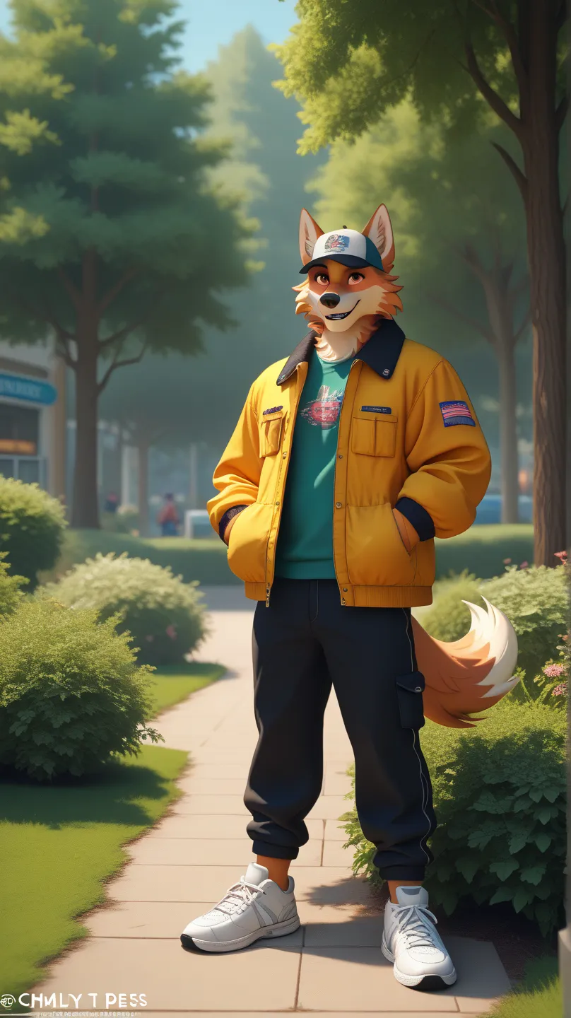 A short adult anthropomorpic grey wold man twink with red violet eyes and wearing a cap backwards in the middle of a central park. The wolf is wearing a loose black hoode, golden fleece jacket without sleeves, casual black baggy pants, and generic high top...