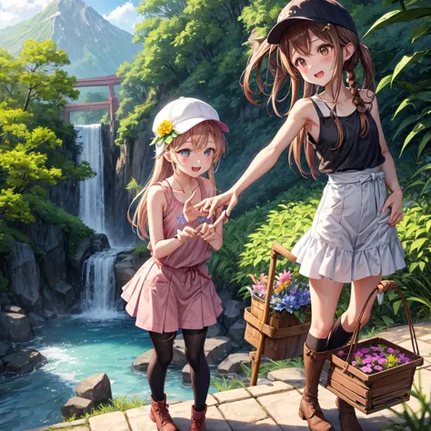 pink brown brown gold hair、 eye、  Has hair tied  、Two cute people、 check miniskirt、  black t-shirt、 Light clothing、 tank top outside of anime、 camisole、high socks、 Boots、 teeth inside、  The Road Is Crooked 、Mountain々、Stick together  、 bamboo forest、 chest ...