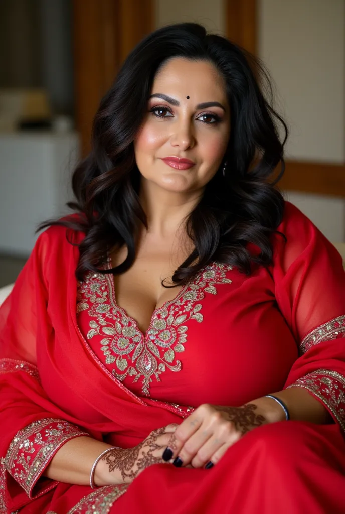 


 ((32K, top-quality:1.5, masterpiece, A high resolution, Photorealsitic)), A beautiful young Pakistan's chubby,40 years old , bindi and light lips woman wearing red bridal lehenga, henna (mehndi) in both hands
Sitting on a chair at home,black thick Hair...