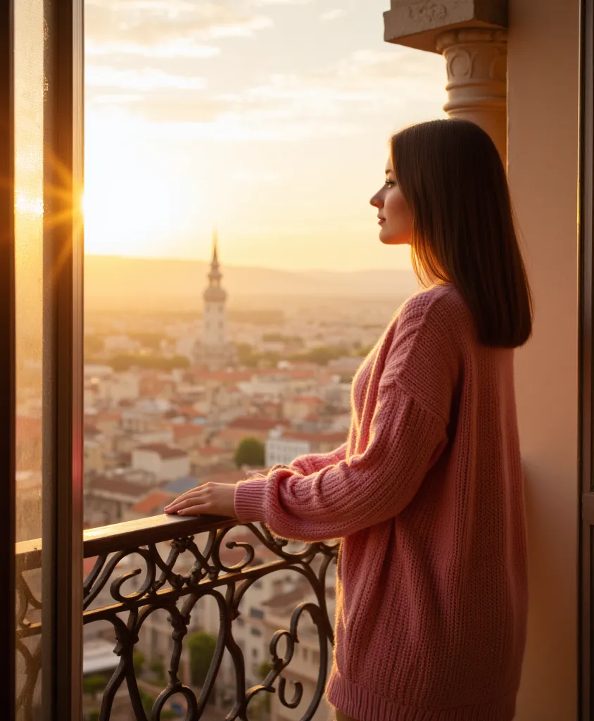 woman stand on the balcony. Has a pink sweater on. 