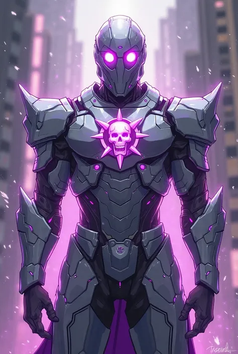 Make a hero with light and shadow power, your armor is gray with light purple details and it shines, on your chest there is a symbol of a star with a purple skull inside it, Your helmet has round and shiny eyes, make anime version
