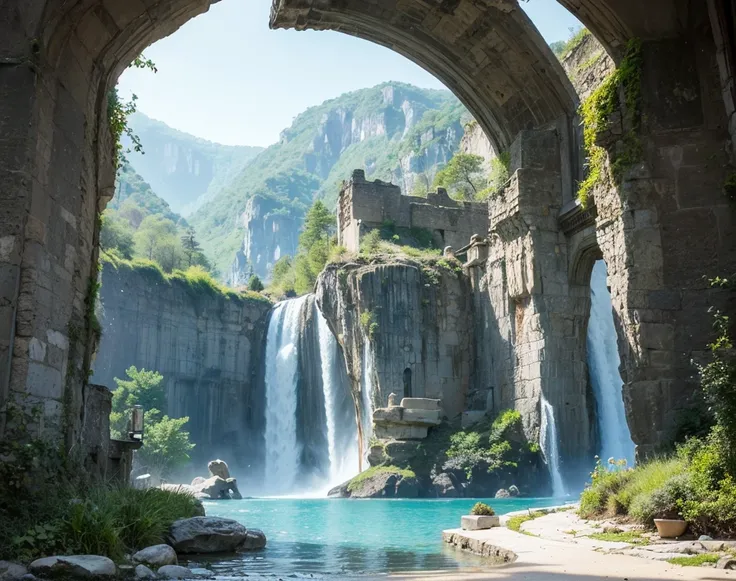 The image is a digital illustration of an ancient stone archway in a mountainous landscape. The archway is made of stone and has intricate carvings on the top and sides. It is flanked by two pillars on either side. The pillars are decorated with blue cryst...