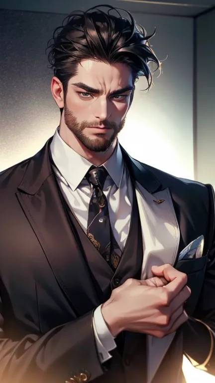 (    best quality,4K,8k,       highres,    masterpiece :1.2),    ultra-detailed    ,(Realistic,photoRealistic,photo-Realistic:1.37),36-year-old man,3 day beard,Beautiful anime,Portraits,strong,masculine,        with black hair  ,sharp jaw,             mesm...