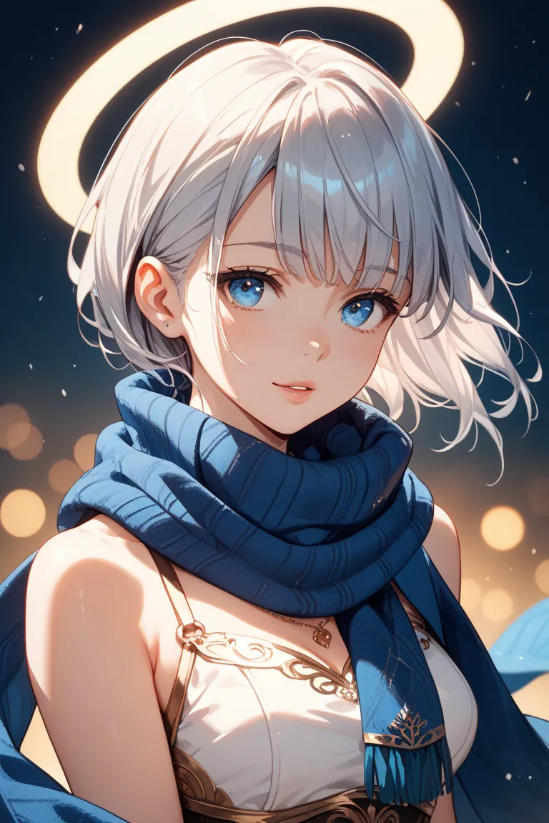 A woman with short silver hair parted to the center, blue hair, loose light gray eyes with a blue scarf, and a friendly face that seems to appear in the game