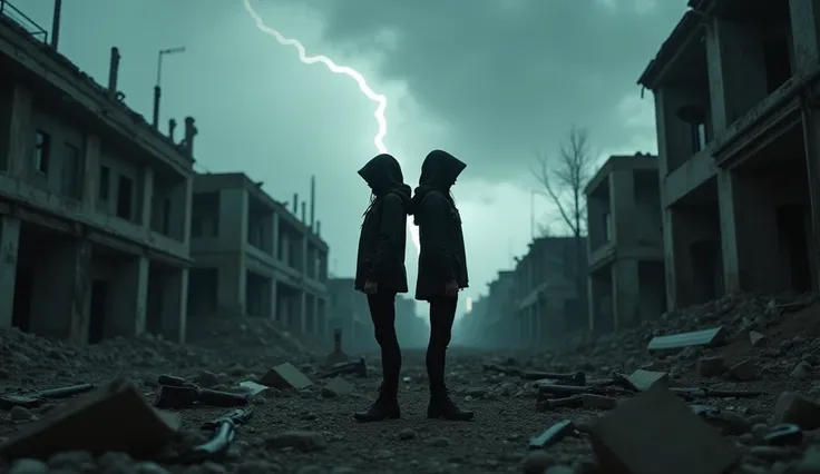 “A post-apocalyptic urban landscape with crumbled buildings, scattered weapons, and debris covering the ground. The sky is heavy with dark clouds, and distant lightning flickers ominously. The camera moves slowly in slow motion, capturing a low-angle view ...