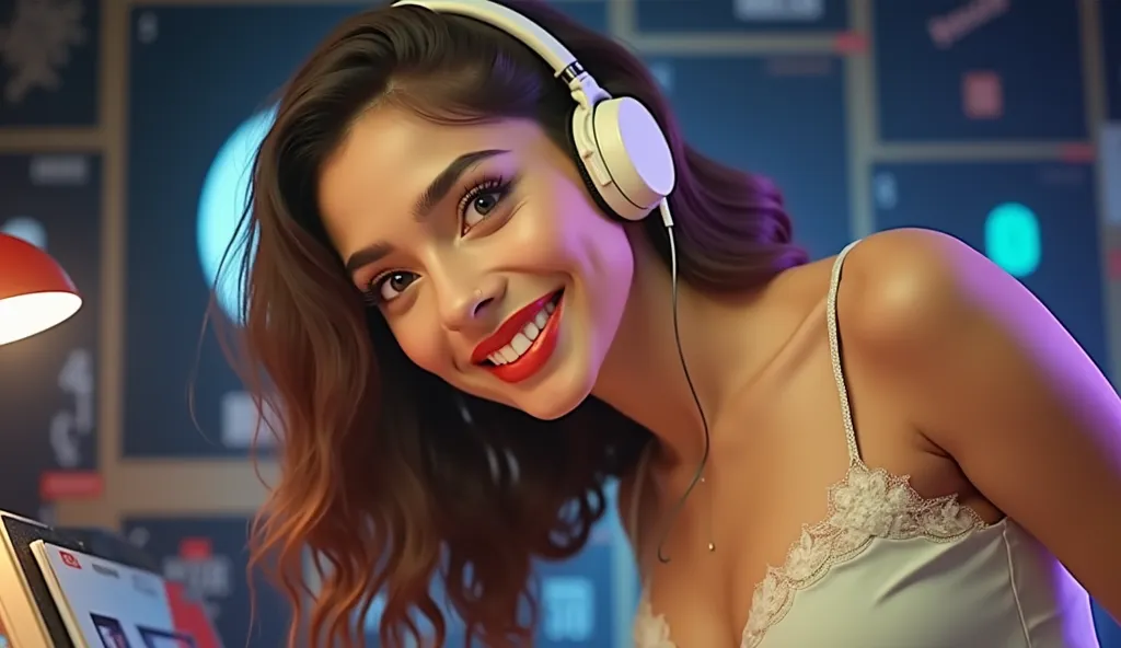 a indian woman in a retro 1970s record store, smiling while listening to a vinyl record, wearing vintage headphones, pollaroide like photo, cinematic, realistic, cozy atmosphere, ((stockings and short skirt)), detailed facial features, beautiful eyes and l...