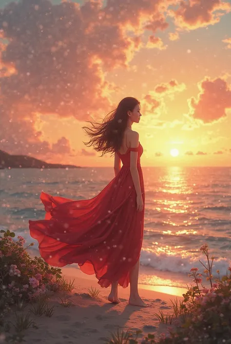 A girl in a red dres walking towards the sea by the sunset video