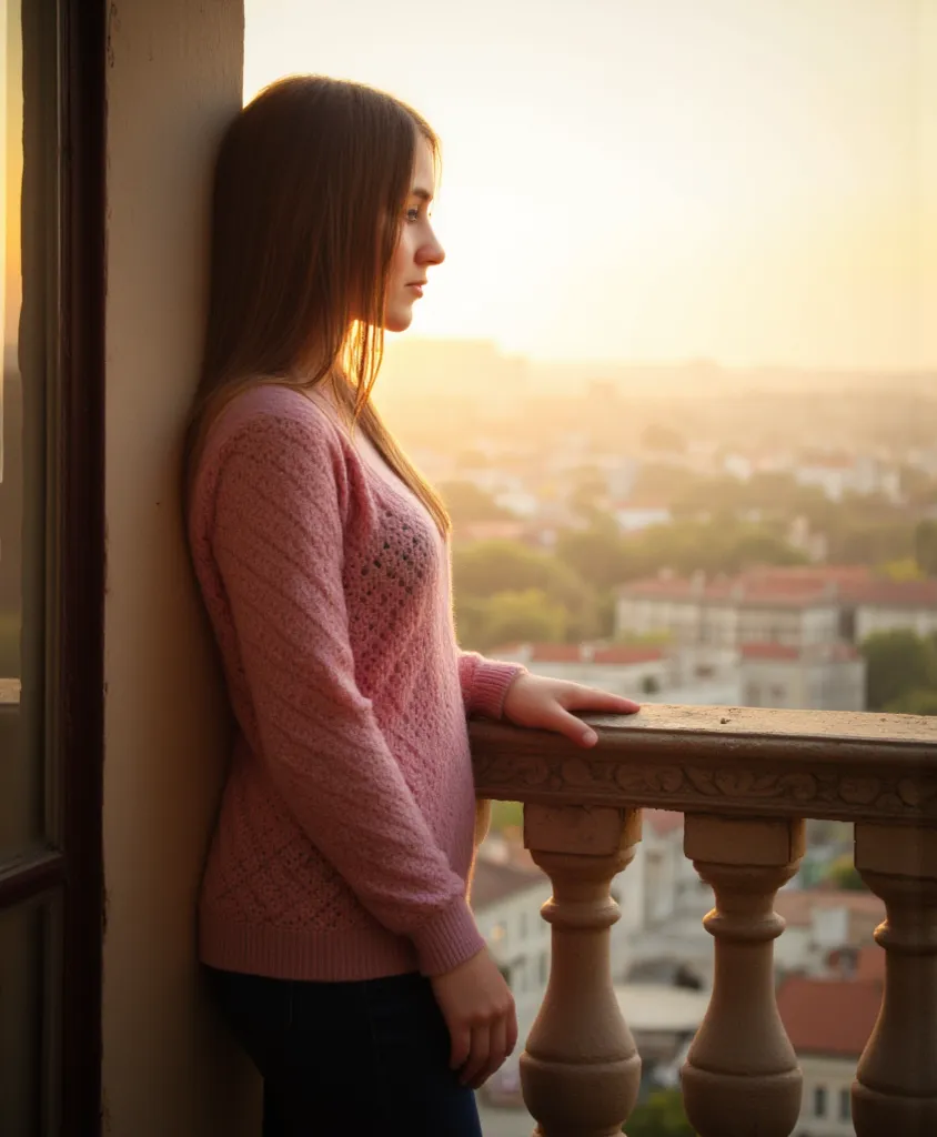 woman stand on the balcony. Has a pink sweater on. 