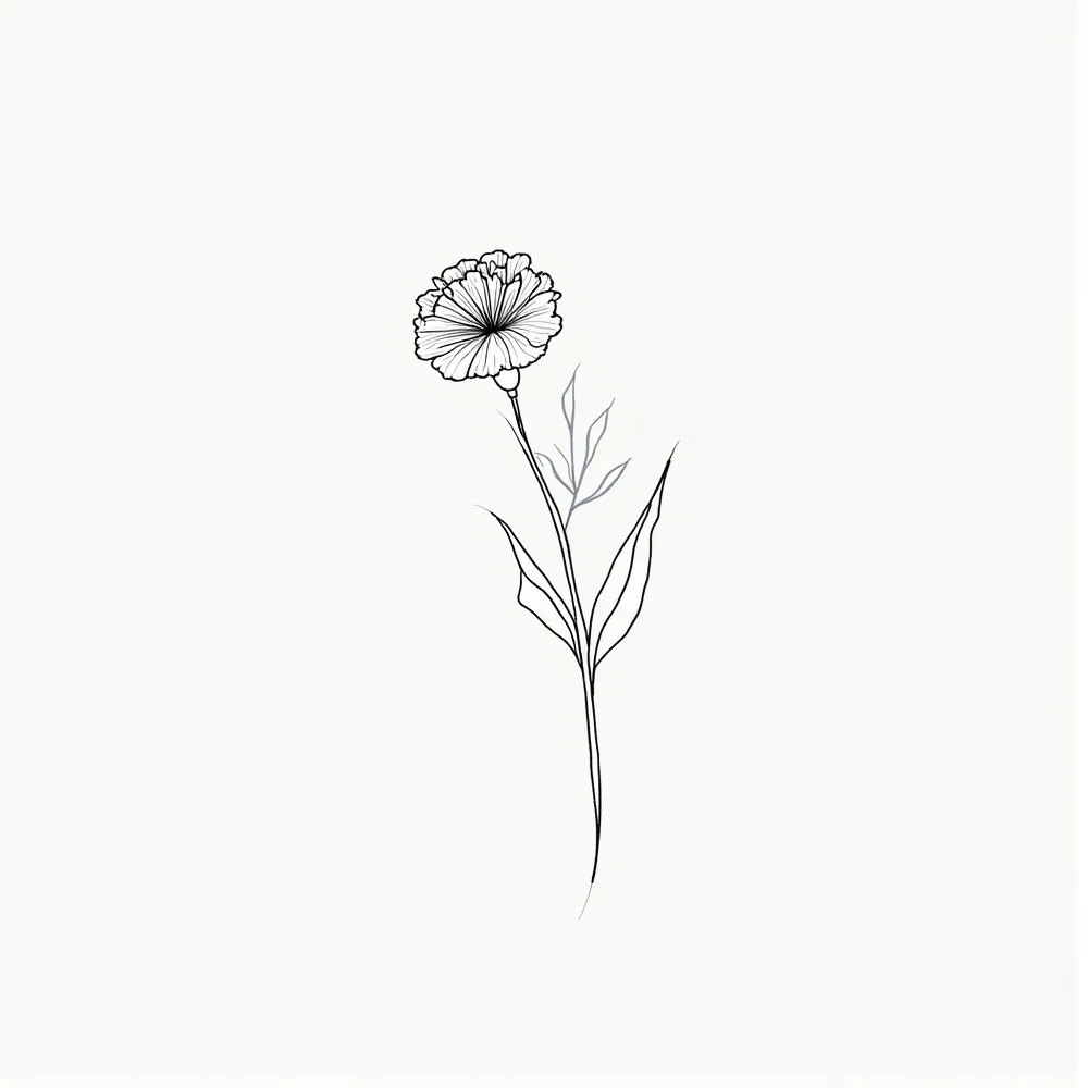 Create a minimalist, continuous line drawing of a carnation. The design should feature a single unbroken line forming the carnation flower, stem, and two leaves. The style should be clean, outline-only, with no shading or color. The stem should be a smooth...