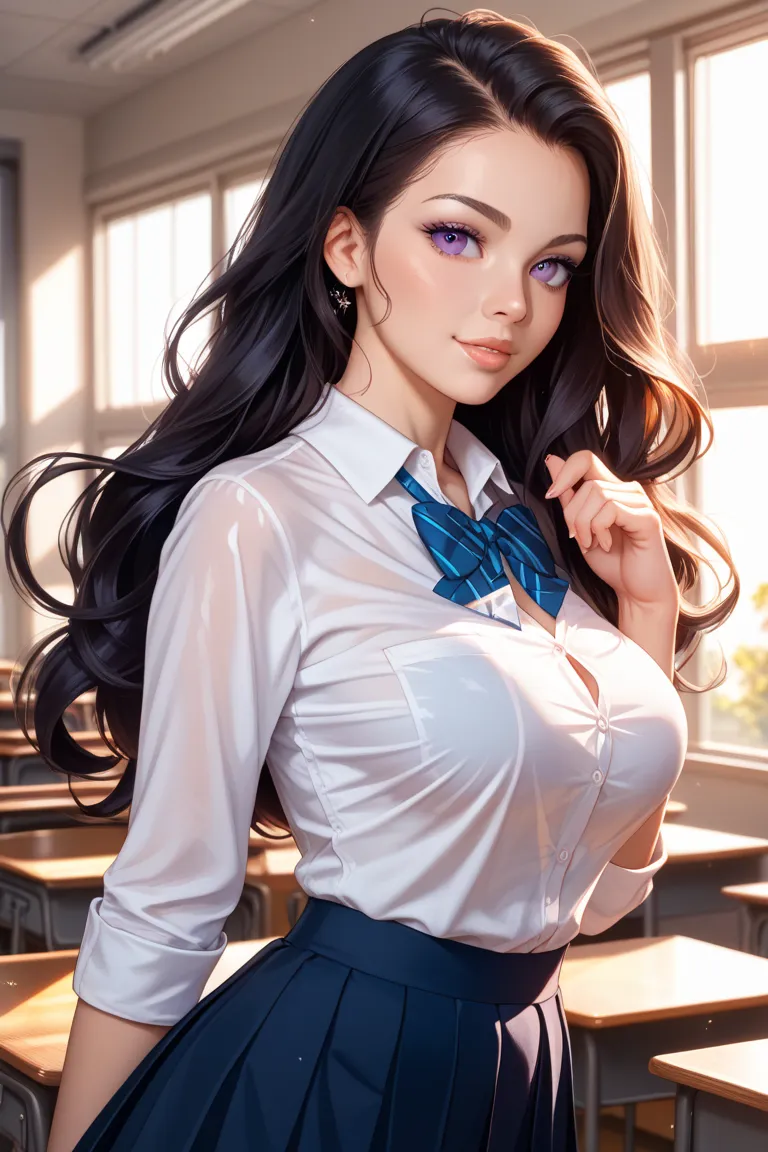 purple eyes、black haired high school girl with huge breasts