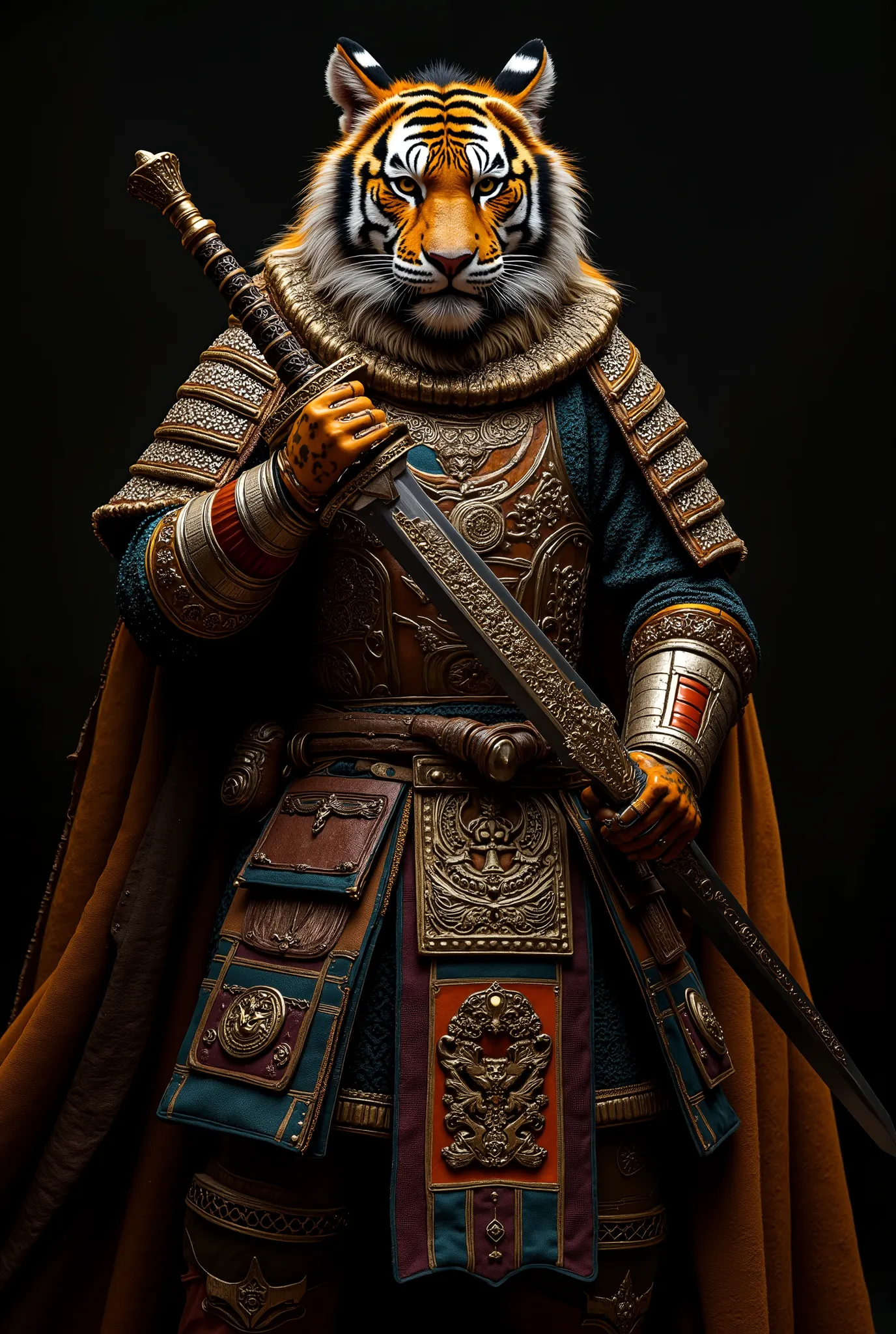 a tiger dressed in a warior costume and holding a sword. Create realistic images, High resolution photo/ ((masterpiece)),((best quality)),8k, high detailed, ultra-detailed, Stylish Pose, real skin texture. The photo is crisp and clear, likely captured with...