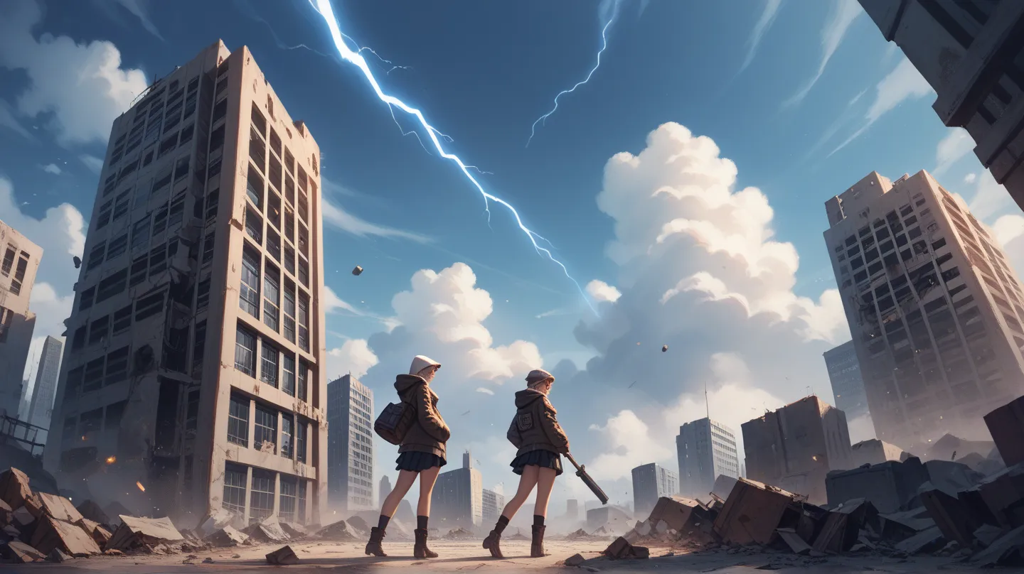 “A post-apocalyptic urban landscape with crumbled buildings, scattered weapons, and debris covering the ground. The sky is heavy with dark clouds, and distant lightning flickers ominously. The camera moves slowly in slow motion, capturing a low-angle view ...