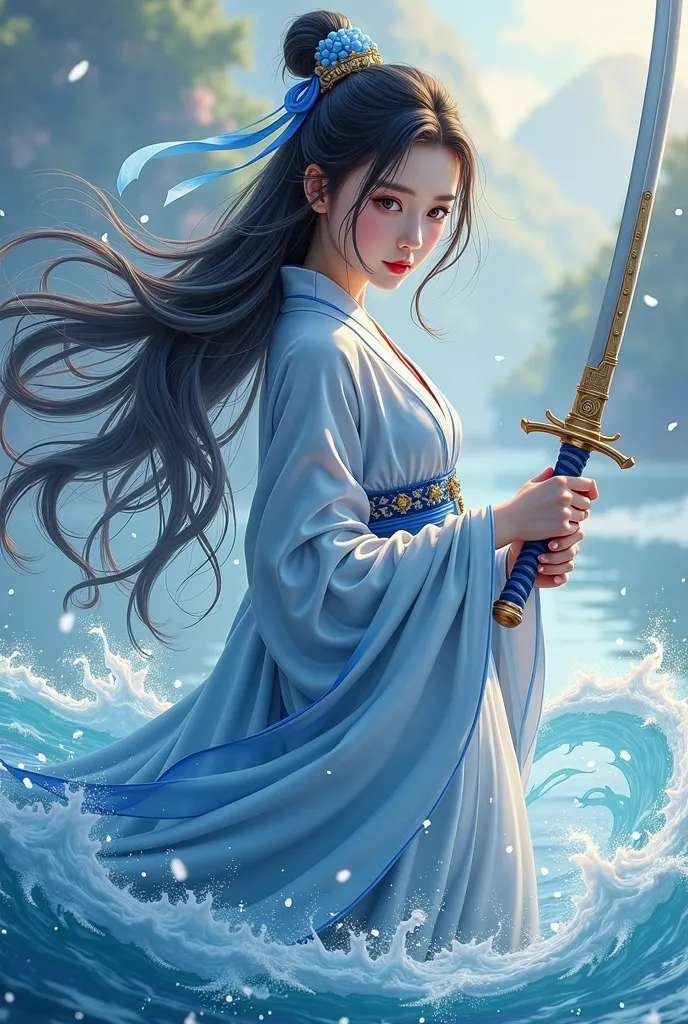 (Highly detailed CG integrated 8k wallpaper,masterpiece, best quality, Super Detail),(Excellent lighting,  dynamic camera angle ),Water sword, Blue Water Splash,Wide flow ,  free flowing water ,   pretty girl ，long dark hair, Elegant Wuxia Dress,watercolor...