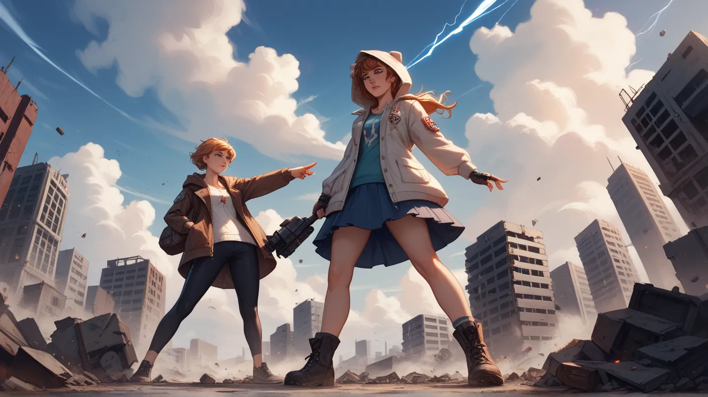 “A post-apocalyptic urban landscape with crumbled buildings, scattered weapons, and debris covering the ground. The sky is heavy with dark clouds, and distant lightning flickers ominously. The camera moves slowly in slow motion, capturing a low-angle view ...