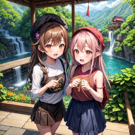 pink brown brown gold hair、 eye、  Has hair tied  、Two cute people、 check miniskirt、  black t-shirt、 Light clothing、 tank top outside of anime、 camisole、high socks、 Boots、 teeth inside、  The Road Is Crooked 、Mountain々、Stick together  、 bamboo forest、 chest ...