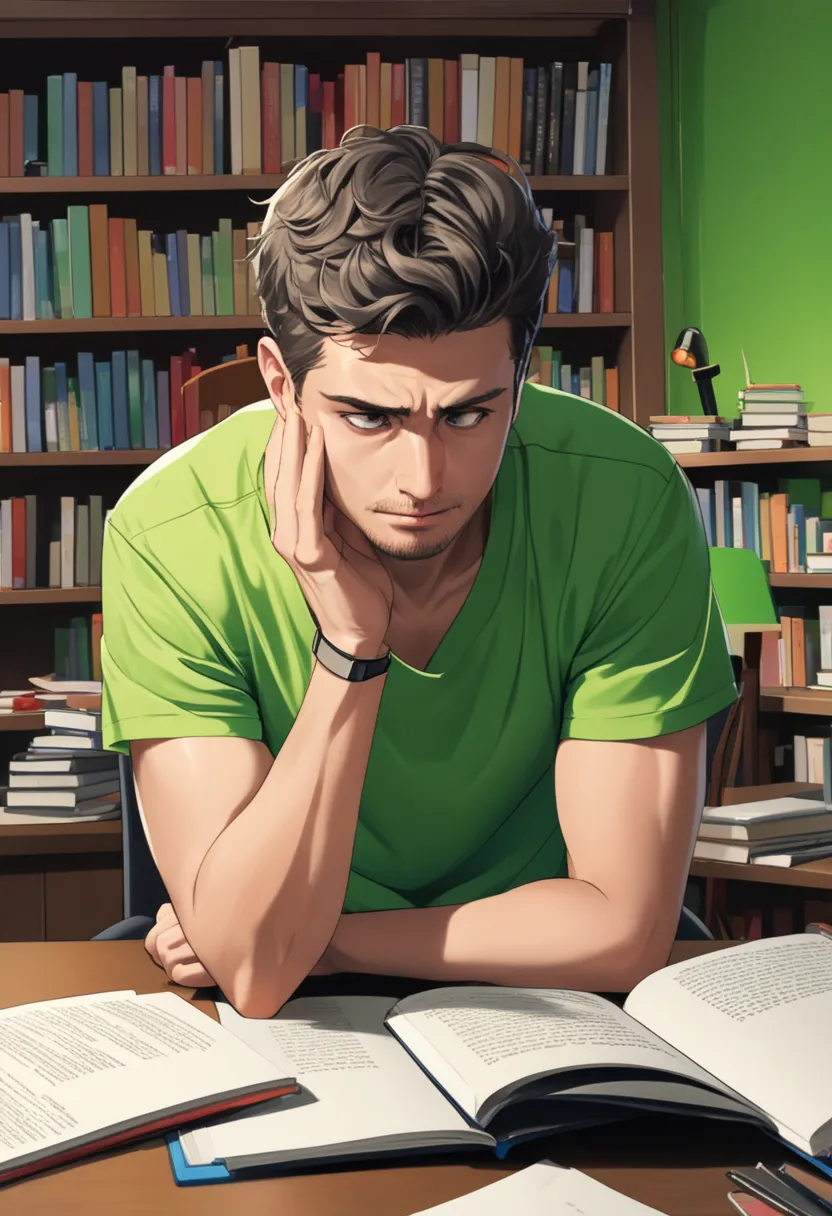 A 25-year-old clean-shaven man sits at a desk in a well-lit room, surrounded by study materials—books, notebooks, and a laptop. The background is entirely **solid green** (for green screen editing). He is dressed casually in a plain t-shirt and jeans, look...