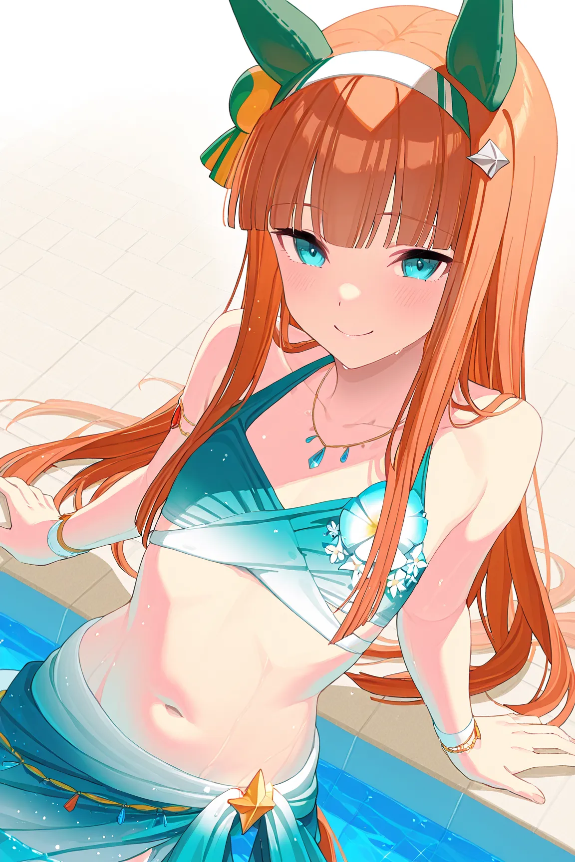 best quality 、masterpiece、 1 girl、  1girl ,Alone,silence_suzuka_swimsuit,silence_suzuka_(umamusume、long hair、 animal ears 、 ear covers、 orange hair、 band、(( tea hair)),、flat chest,Play on the beach、smile、Get excited、、swim、 pool