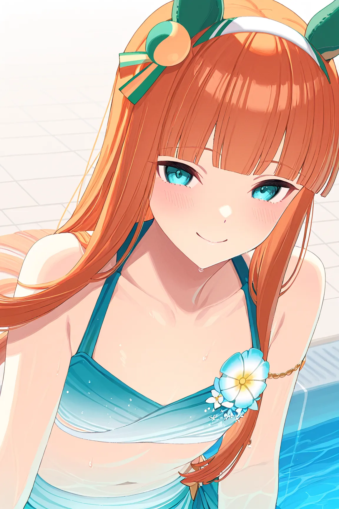 best quality 、masterpiece、 1 girl、  1girl ,Alone,silence_suzuka_swimsuit,silence_suzuka_(umamusume、long hair、 animal ears 、 ear covers、 orange hair、 band、(( tea hair)),、flat chest,Play on the beach、smile、Get excited、、swim、 pool