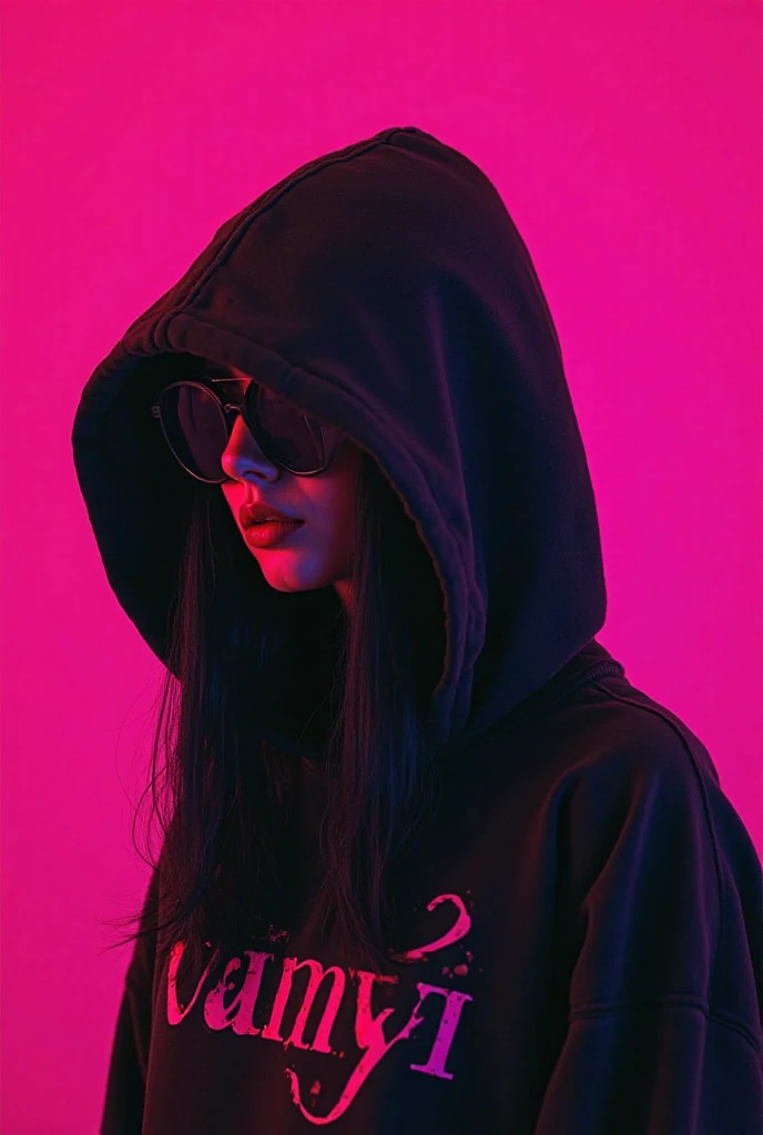 Letters that say VANNYI with a woman with a black hoodie, black lenses, long straight black hair and pink background