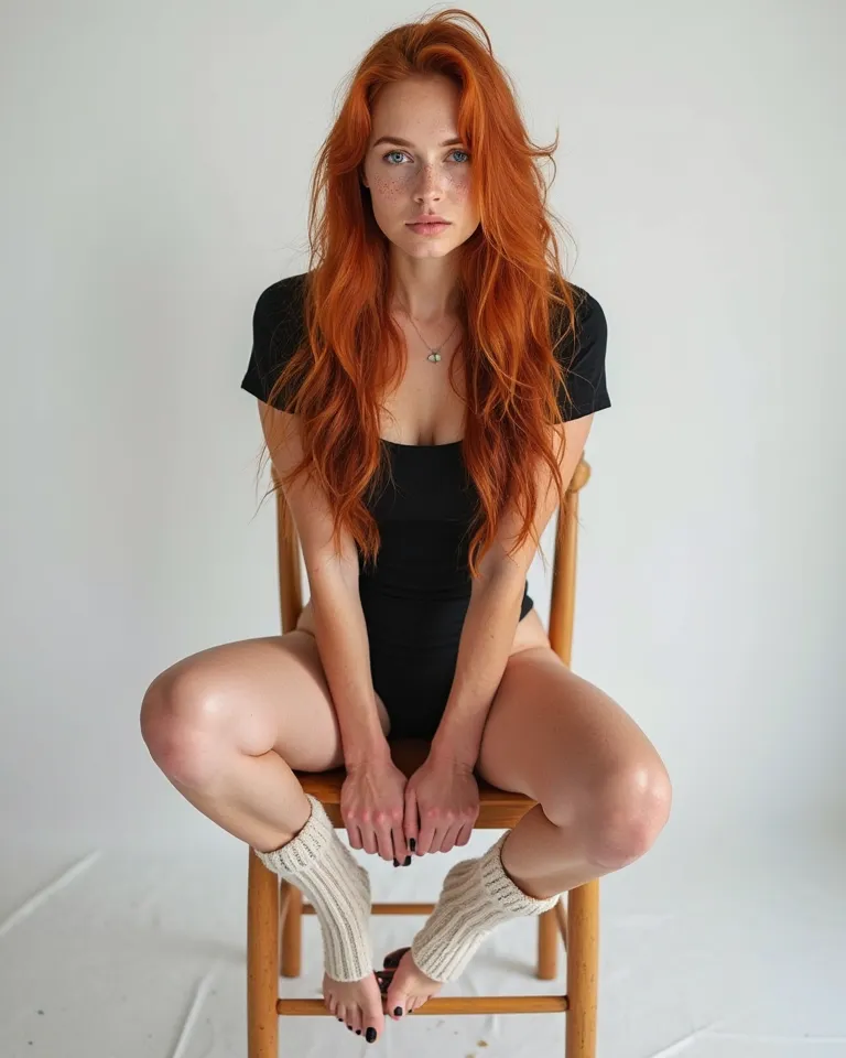 Photography, full body, woman with beautiful long natural red hair, blue eyes, freckles, are in a professional photography studio, sitting on a wooden chair. She is dressed in a small black panty, barefoot, a black short-sleeved, tight-fitting navel-length...