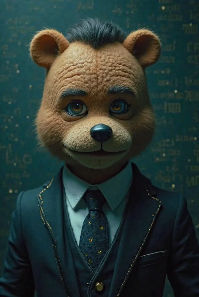 thick photo, 16:9 Realistic Digital Wanderings of a Strong and Determined Man, Bear Puppet, With a sharp, , handsome face and serious eyes. He has short hair., , combed back hair and solemn face. , he wore a suit with a blue-green background shadow. dark, ...