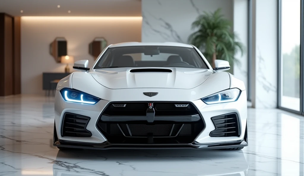 Ultra-photorealistic ( 2025 Shelby Cobra )  parked in a luxury showroom. Shot from ( strict front view )  to emphasize (FOCUS: exterior design + door angles), featuring liquid-metallic white paint, ice-blue LED headlights (Off), chrome accents, and license...