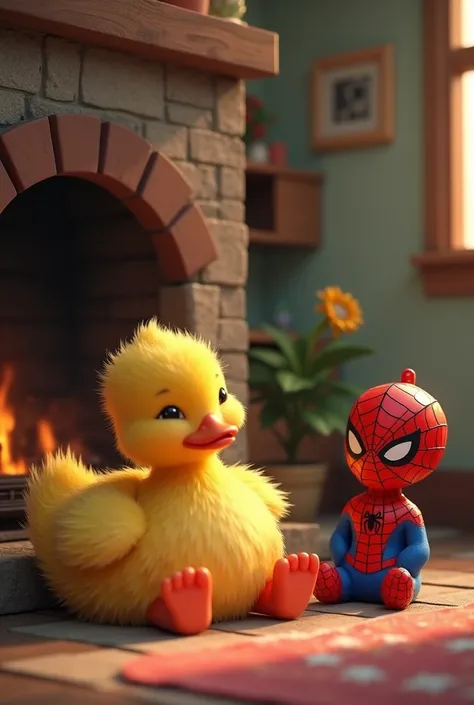 A yellow duck is resting near the chimni,in the house and a spiderman sitting near to it
