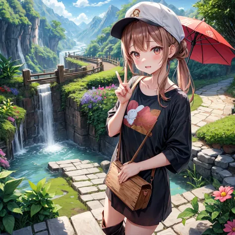 pink brown brown gold hair、 eye、  Has hair tied  、Two cute people、 check miniskirt、  black t-shirt、 Light clothing、 tank top outside of anime、 camisole、high socks、 Boots、 teeth inside、  The Road Is Crooked 、Mountain々、Stick together  、 bamboo forest、 chest ...