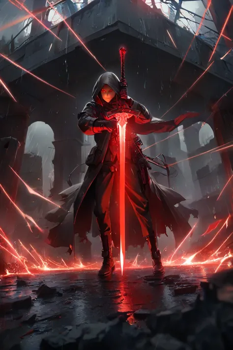 1boy ,red eyes,close mouth,black ARMORE, full body,(((A glowing red Longsword))),ruins,aiming a Longsword at viewer,((black rain)),((with shining in red lines were shiny and luminous)),(magic circle),red lightning effects,best quality、 realistic texture an...