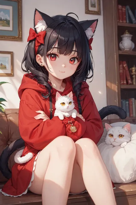 reddish black hair、Cat ears、is sitting、red hooded clothes、 eye color is red、cute、The cat's guardian spirit is behind、cool、masterpiece、Best Quality、uncorrected、no background