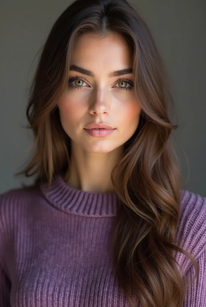 arafed woman with long hair and purple sweater looking at camera, detailed and perfect face, detailed perfect face, close - up on face, real detailed face, close up face, detailed face, perfect detailed face, detailed flawless face, close up at face, full ...