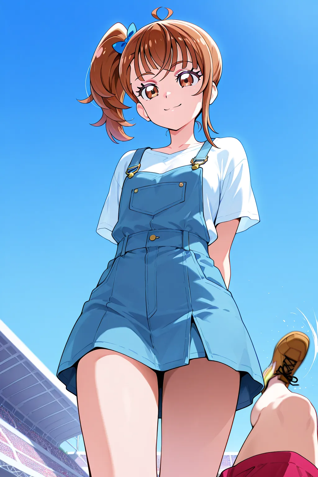 Official style, {{Sora Hare Wataru, Hirogaru Sky! Precure}}, very beautiful, top quality, intricate, overall details, one girl, side ponytail, collarless shirt, mini skirt, standing, bright smile, simple background, cowboy shot, solo focus, complex, (highl...