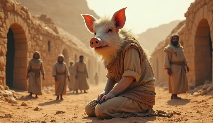 A mythical hybrid creature with a pig’s face and pig-like body parts (pig ears, fur, tail, and hind legs), kneeling in the middle of an ancient desert village. She has a feminine human torso with soft fur blending into the pig features, also wearing shalwa...