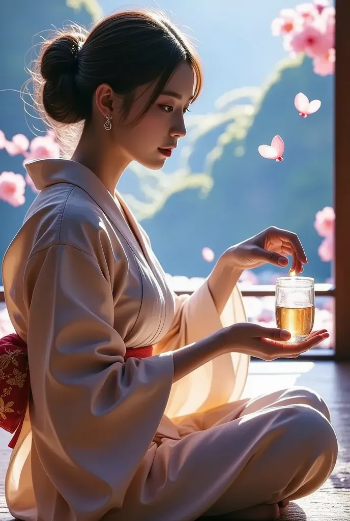 A side view of Erika as she moves to serve the tea, her profile illuminated by the soft glow of the LED tatami. The holographic sakura petals float gently above her hands as she prepares to pour the tea into the crystal cup. The slight ripple of the LED ta...