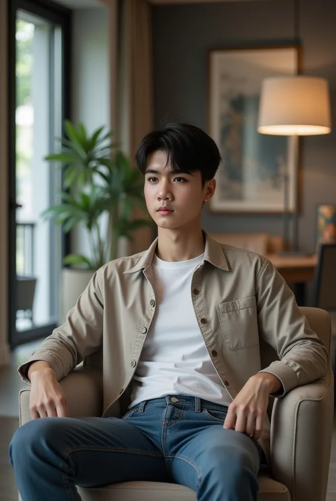 an Asian guy aged 25. wearing a t-shirt  jacket.jeans.is sitting on a chair in a cool room 