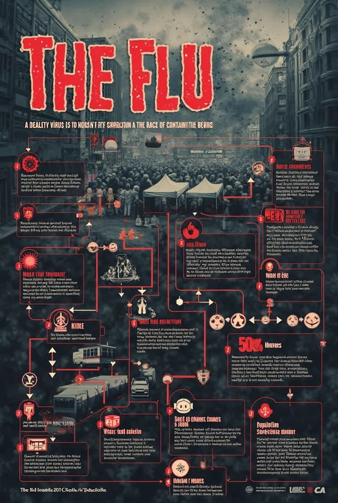 ### **Title Section (Top)**  
**The Flu (2013)**  
- Font: Bold, distressed (to show urgency and chaos).  
- Color: Red or white text on a dark background (faded cityscape, virus particles, or infected patient background).

**Tagline:**  
*A deadly virus s...