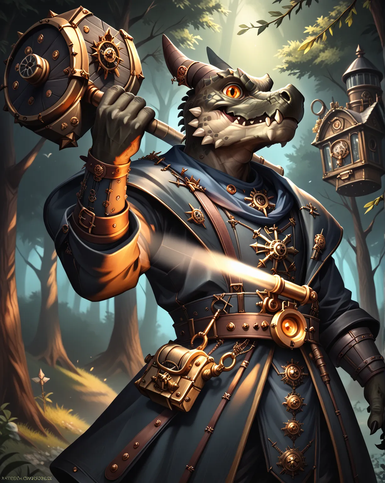 Furry black kobold, Alone, kobold man,  black skin, scallops ,  orange eyes, clothes steampunk, holds a battle hammer with a long handle above his head,  with his shoulder horizontally,  mouth slightly open,  sharp teeth,high resolution,  Masterpiece , Точ...