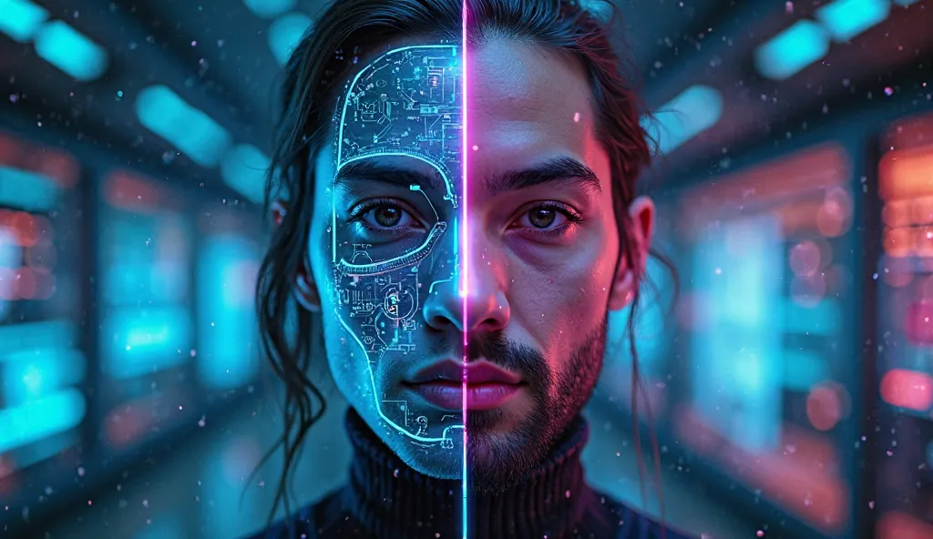 A futuristic, high-tech cyberpunk-style digital face swap transformation. A human face is split in half, with one side revealing a robotic, AI-enhanced digital mask while the other side morphs into another person’s face. Neon blue and purple lighting, glit...