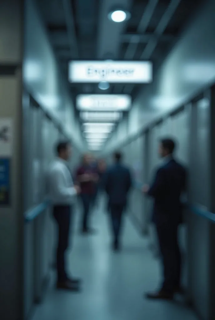 Blurred images of nameplates reading "Engineer," 