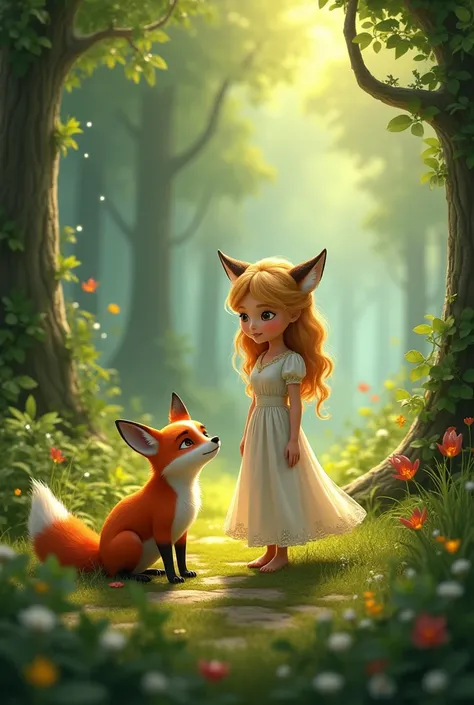 In a beautiful green forest,  little princess, with wide open eyes  and wearing white dress, named “Lina”...
Lina found a fox crying. A scene in the green forest, cinematic, fantasy, cartoon.