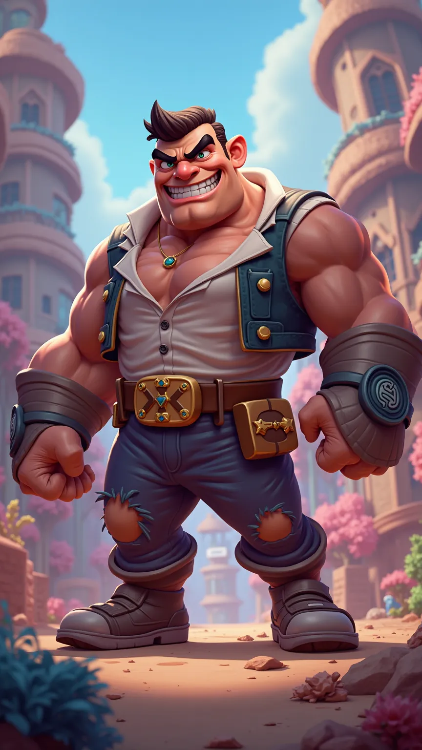 high-quality detailed realistic 3D illustration, Brawl Stars, El Primo ,  trading card , dynamic action , aggressive expression,  muscular build , colorful cartoon aesthetics, vivid color palette,  fantastic surroundings ,  captivating perspective ,  Ultim...