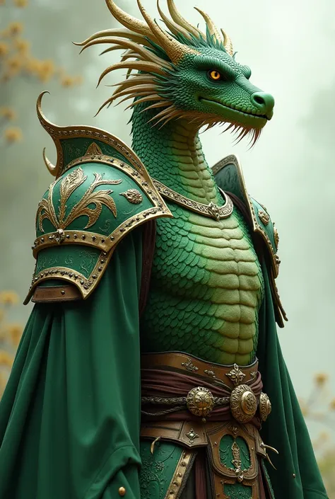 Paladin mâle humanoïde draconide asiatique de couleur vert terne et clair. Son corps a une belle forme, avec des traits délicats. Sans queue et vêtu d'une lourde armure. Long-crêté, variant entre semi-fourrure et épines, avec une paire de très petites corn...