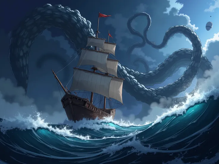 A massive ship struggles against terrifying waves as colossal Kraken tendrils rise from the depths, dwarfing the vessel. The dark ocean churns violently, the air thick with tension, as an unstoppable force looms beneath