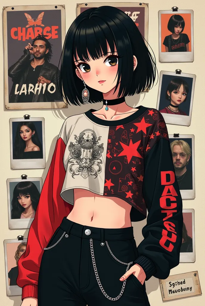 A stylish anime-manga girl with short black bob hair, big expressive eyes, and a confident expression. She wears a cropped, long-sleeve patchwork-style shirt with a mix of red, white, and black, featuring edgy graphic prints. She has high-waisted black pan...