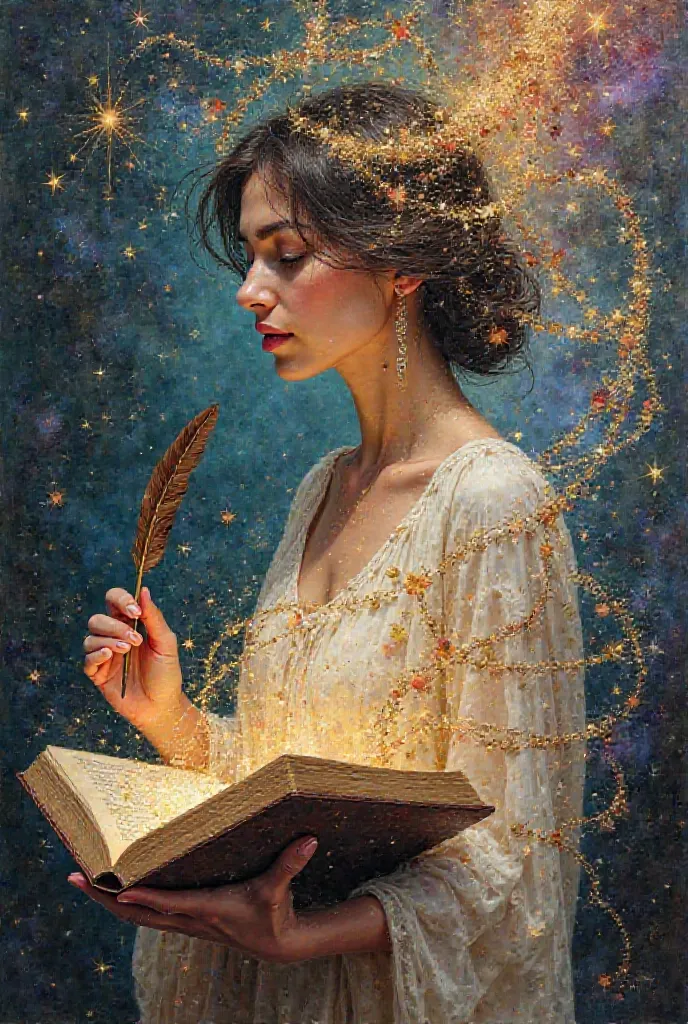 Concept: "The Wordsmith's Spirit"

Theme: The painting could focus on a woman, symbolizing strength, creativity, and wisdom, drawing inspiration from literature. She could be depicted as both a subject of the canvas and an active participant in the literar...