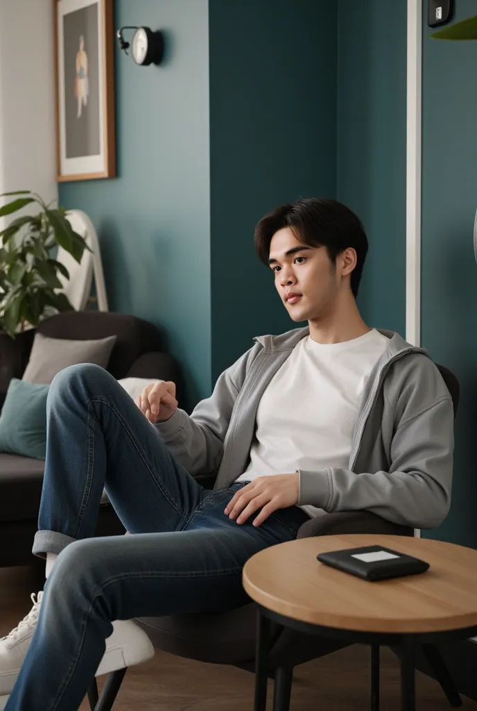 an Asian guy aged 25. wearing a t-shirt  jacket.jeans.is sitting on a chair in a cool room 